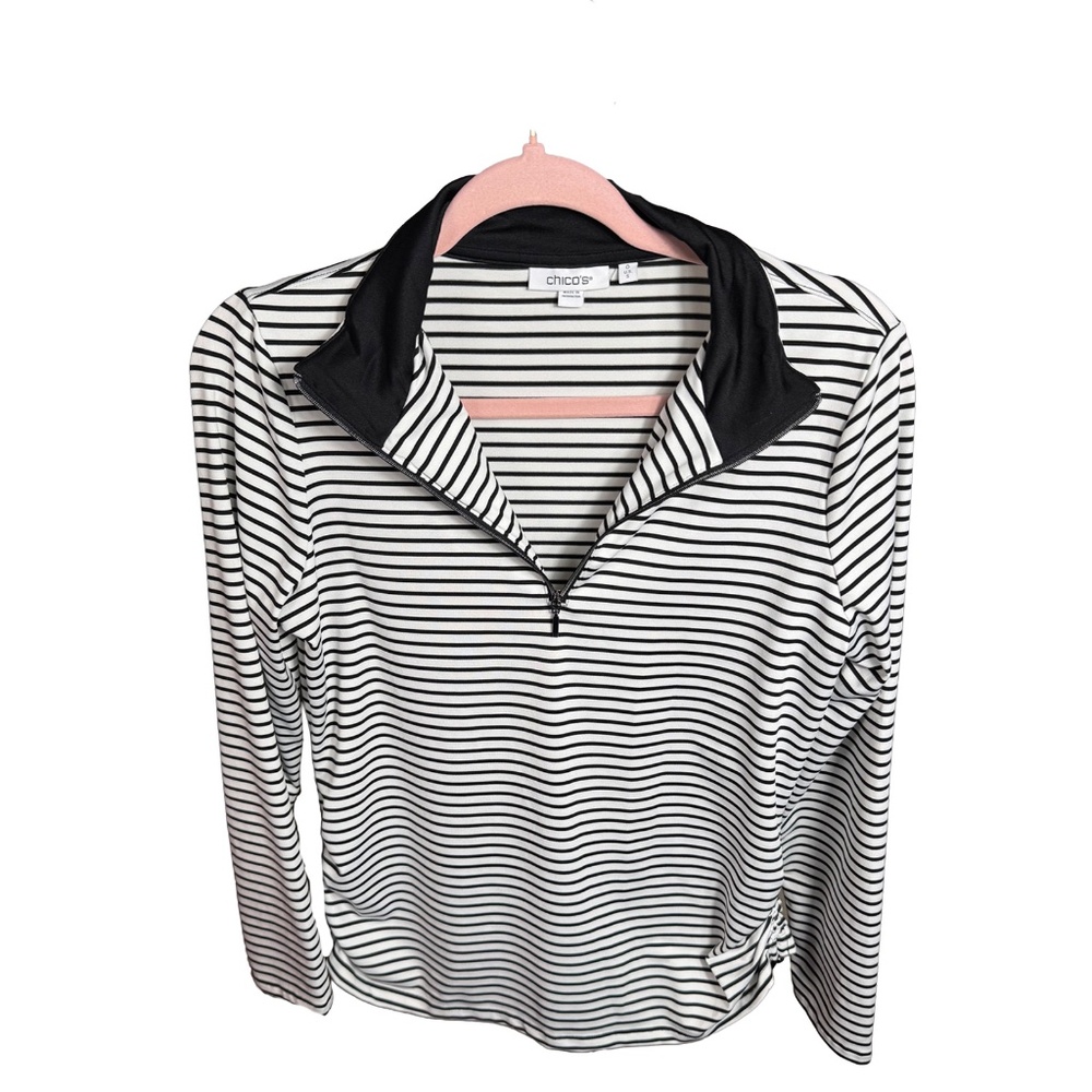 Chico's Zenergy Womens Stripe Quarter Zip Pullover Top Black White Size Small